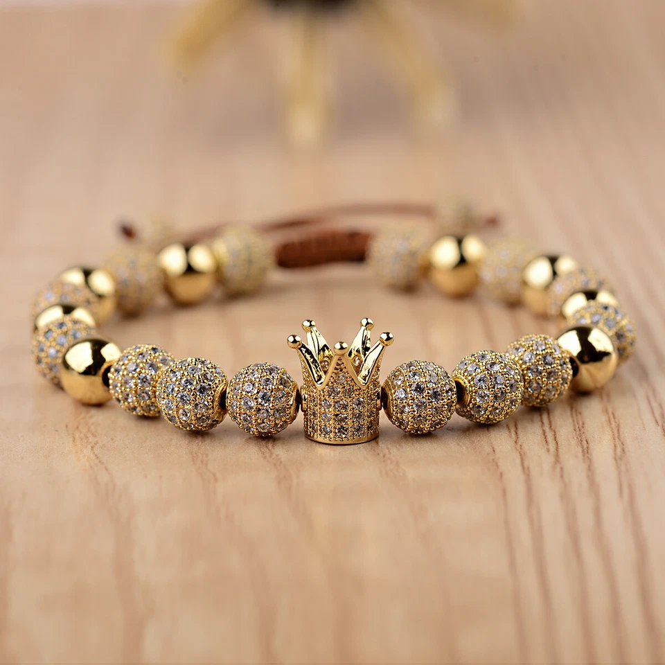 Lo último Pulseras de lujo micro pavé corona circonita cúbica trenzadas ajustables para pareja para hombres mujeres Foto 4 de 4