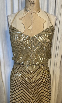 Adrianna Papell Womens Beige Mesh Sleeveless Gold Beaded/Sequin Event Gown  Sz 4 | eBay