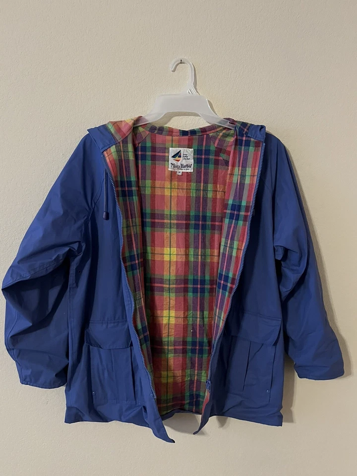 Vintage MISTY HARBOR Rain Coat Hooded Jacket Plaid Flannel Lined Blue Medium - Image 3 of 4