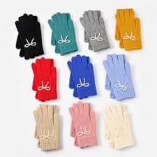 Women Beads Bow Gloves Crochet Knitted Cycling Full Finger Touch Screen Glove