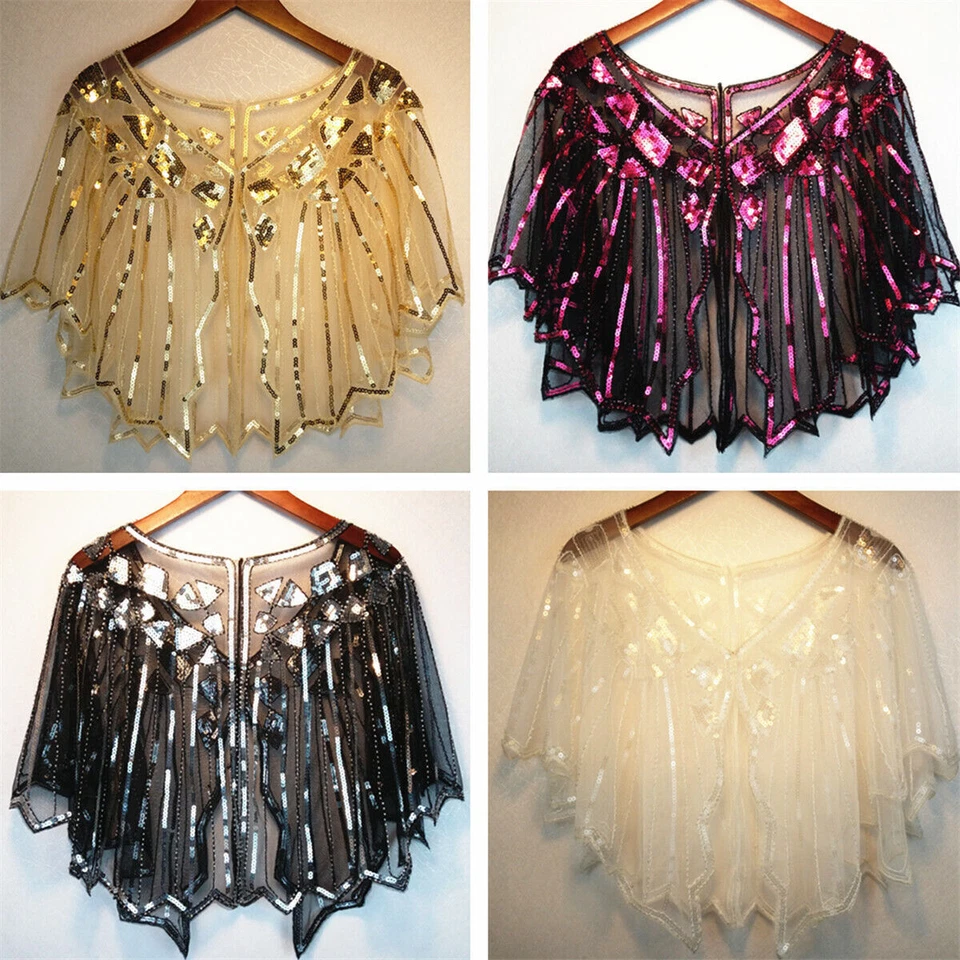 Vintage Gold Ladies 1920s Shawl Wraps Sequin Evening Cape Bridal Bolero Flapper - Image 3 of 4