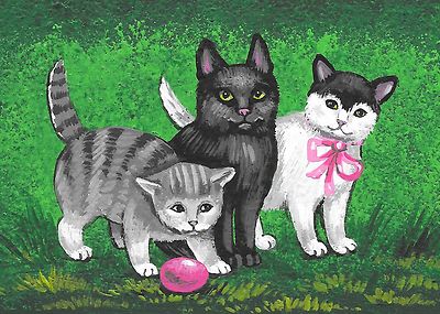 ACEO PRINT OF PAINTING RYTA BLACK WHITE TABBY CAT EASTER EGG KITTEN FOLK ART 