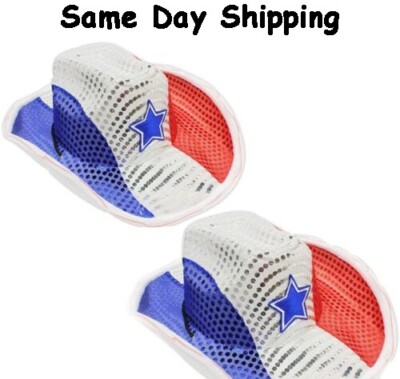 LED Light Up Flashing Cowboy Hats With Red White Blue Sequins Pack of 