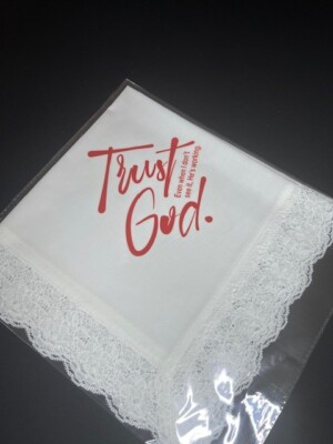 Traditional Lap Scarf lace trimmed 22 x22  in White with Red (Trust God)