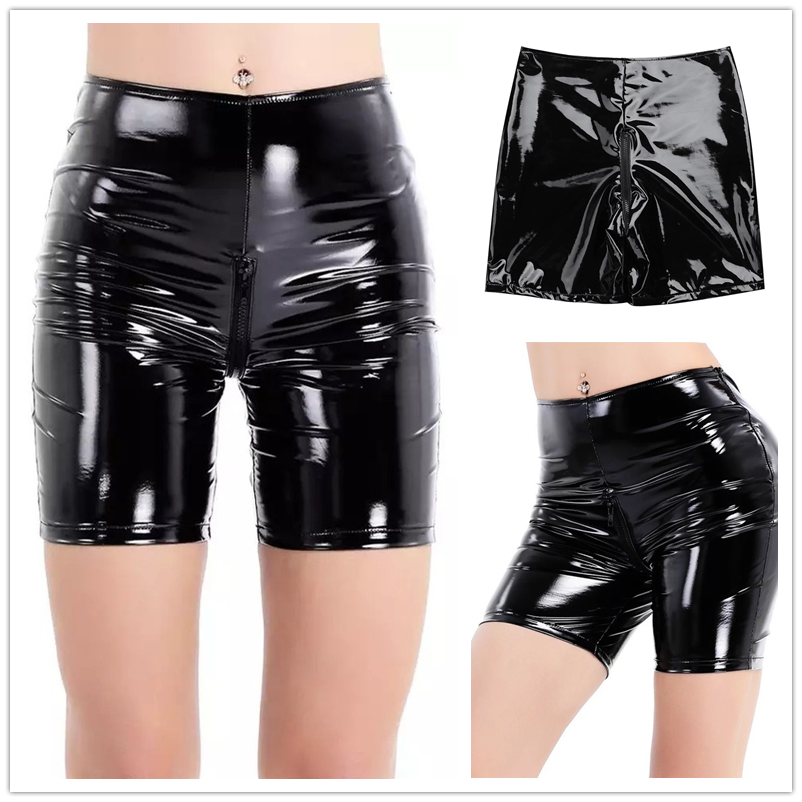 ショートパンツ leather cross custom leather half pants Lady Faux Patent Leather Shorts Half Pants Trousers Zip Crotchless