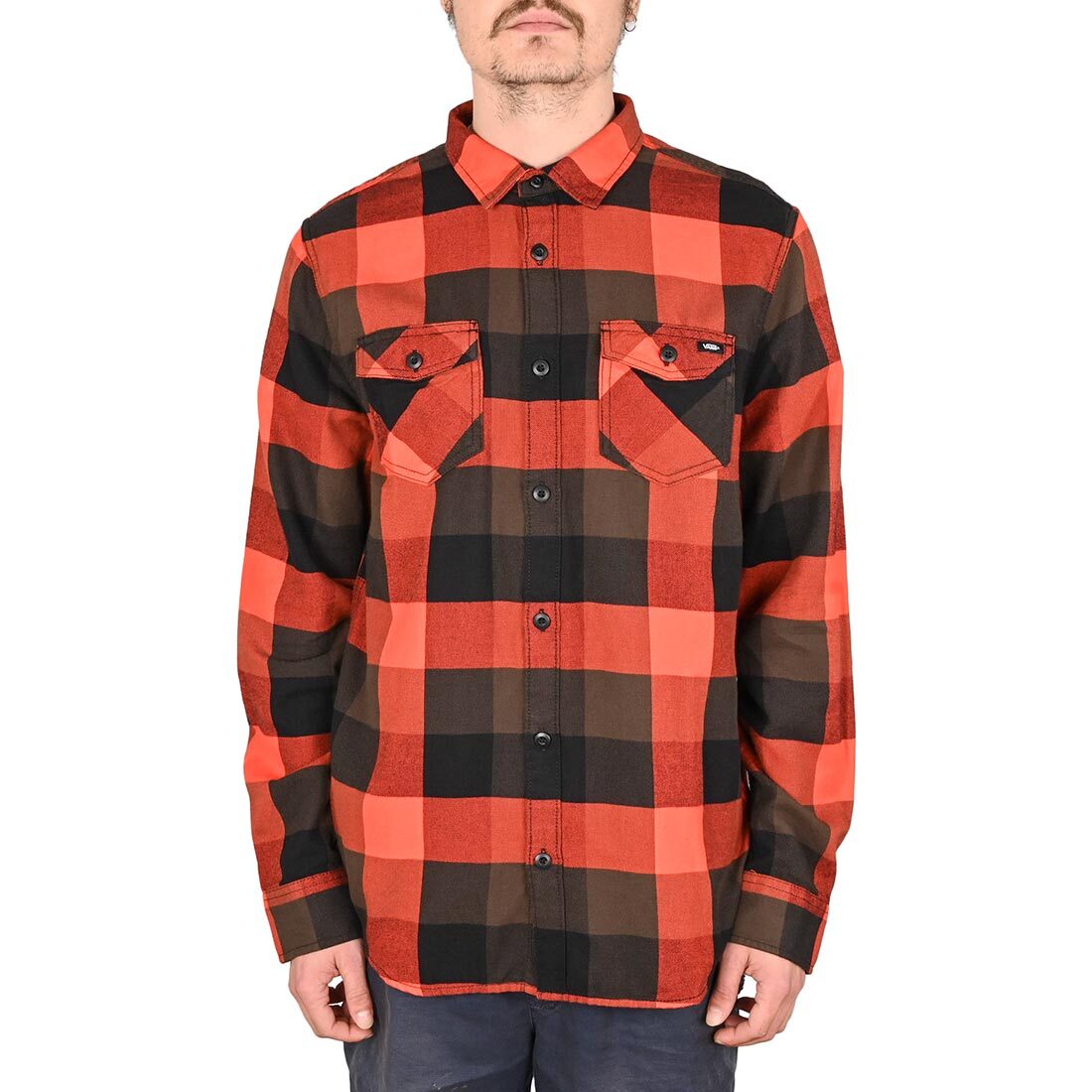 Vans Caja Franela Clásico L/S CAMISETA - Negro/Fiesta