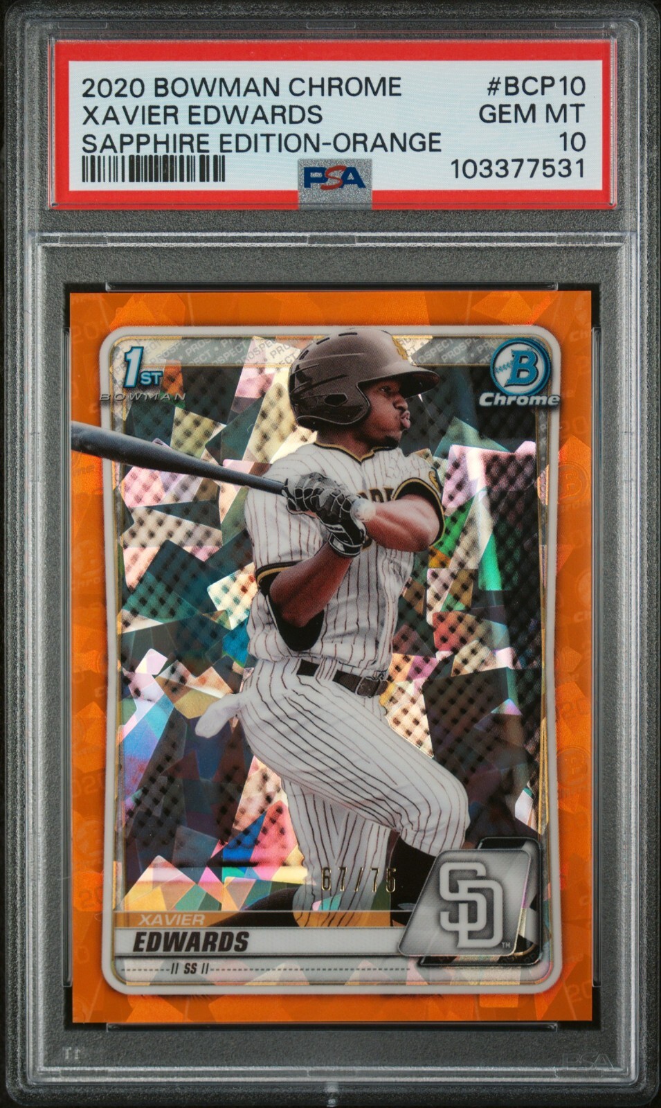 XAVIER EDWARDS 2020 1st Bowman Chrome Prospect ORANGE SAPPHIRE /75 PSA 10 GEM