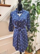 Millenium Women Blue & White Polyester Collared Long Sleeve Knee Length Dress XL
