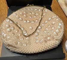 Vintage John Wind Beaded Ivory Clutch Purse With Chain Hong Kong