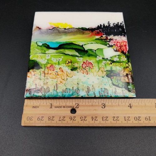 Carole F Chase Hand Painted Tile Coaster with Stand Colorful Landscape - Afbeelding 8 van 12