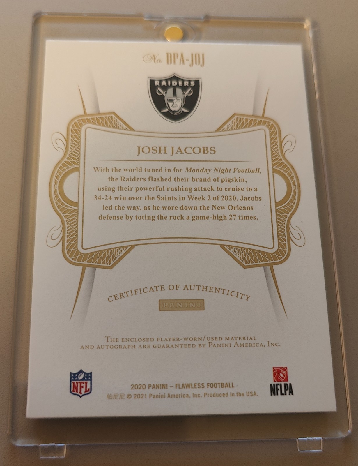2020 Panini Flawless Josh Jacobs Dual Patch Auto - Packers 1/1 Player Worn/Used view 2