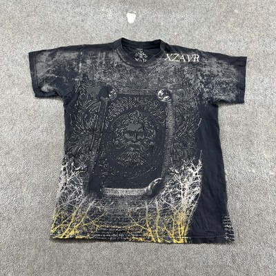 VINTAGE Xzavier Shirt Men M Black Unlimited XAR Skulls Face Crypt AOP Cyber Y2K