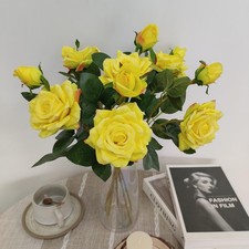 Yellow Faux Silk Rose Artificial Flowers 6 Pcs Real Touch Moisturizing