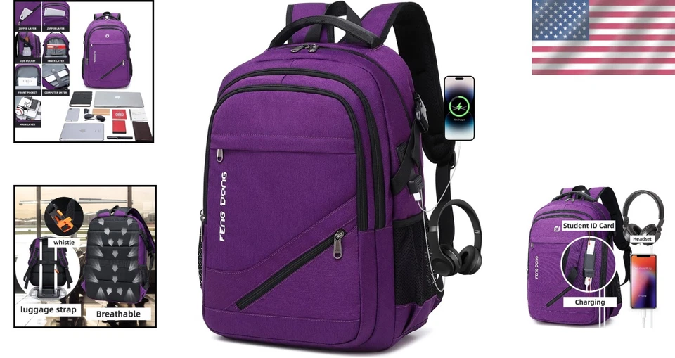 Mochila de Viaje Ergonómica para Portátiles de 17.3" - Puertos USB y Auriculares, Dije Púrpura Foto 2 de 4