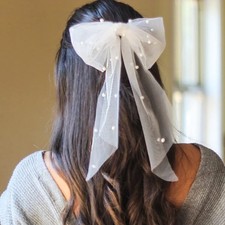 Bridal Hair Bow Veil Pearl Wedding Piece White Tulle Clip Bachelorette Womens