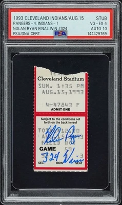 Nolan Ryan Final Win #324 Ticket Stub 1993 Rangers/Indians PSA 4 Auto 10 Signed - Image 1 of 2