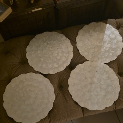 Set of 4 Pier 1 White Shell Round Charger Plates, Textured Scalloped Edge Shiny