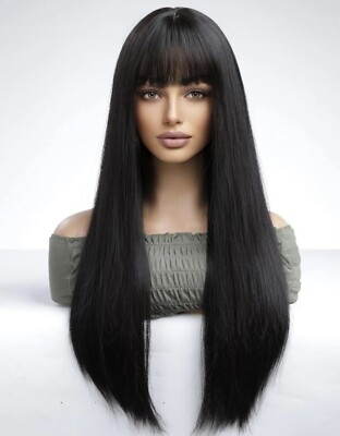 Perruque Synthétique Longue Noire Lisse Avec Frange - Taille Moyenne, +4 Bonnets Offerts, Neuve Sans étiquette