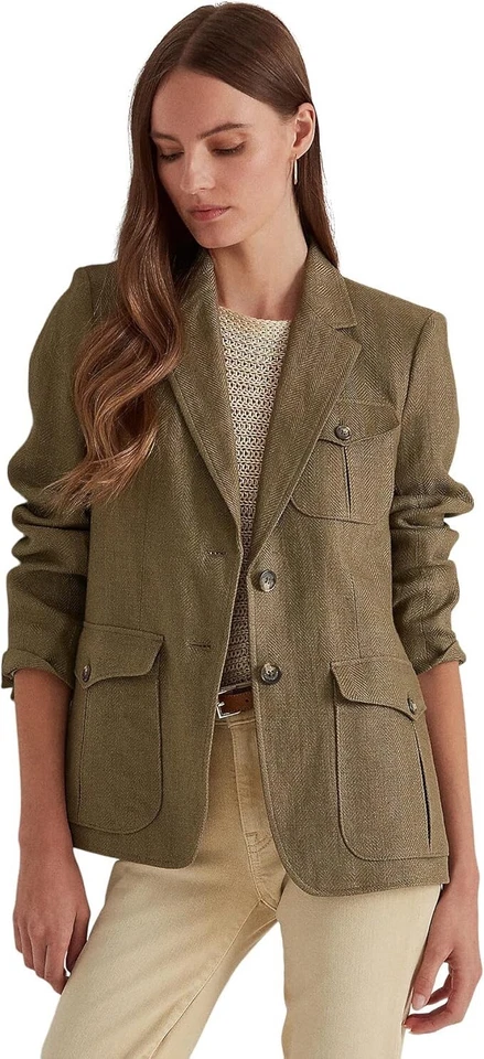 Size 8- Lauren Ralph Lauren Women’s Herringbone Linen Blazer, Olive Fern. - Image 4 of 4