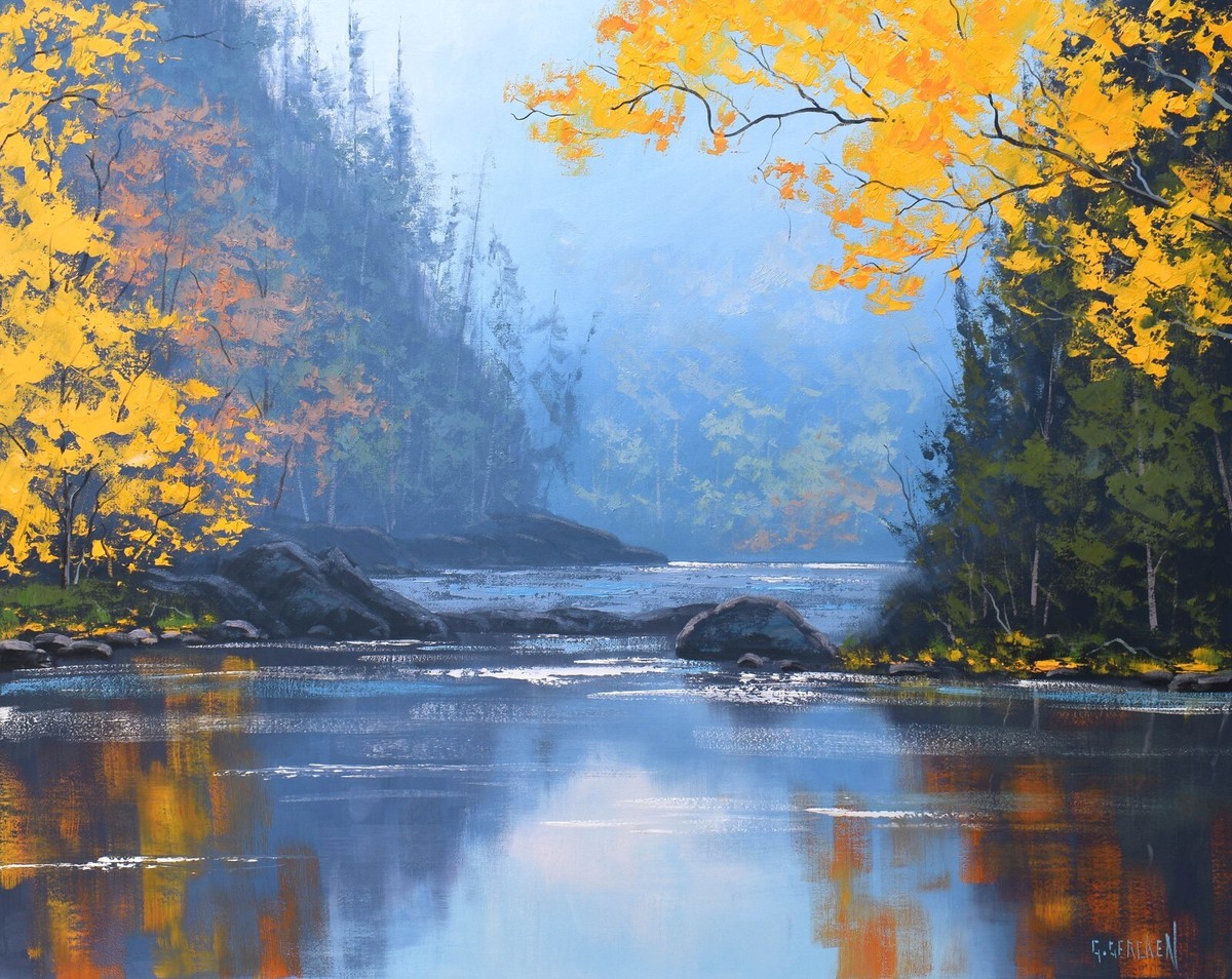 original Autumn trees river landscape Large traditional oil
