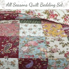 NEW COZY CHIC COTTAGE RED BLUE PINK IVORY GREEN PATCHWORK ROSE SOFT QUILT SET