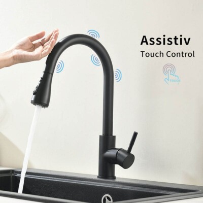Automatic Touch On Sensor Kitchen Faucet Pull Down Sprayer Black Sink Mixer Tap