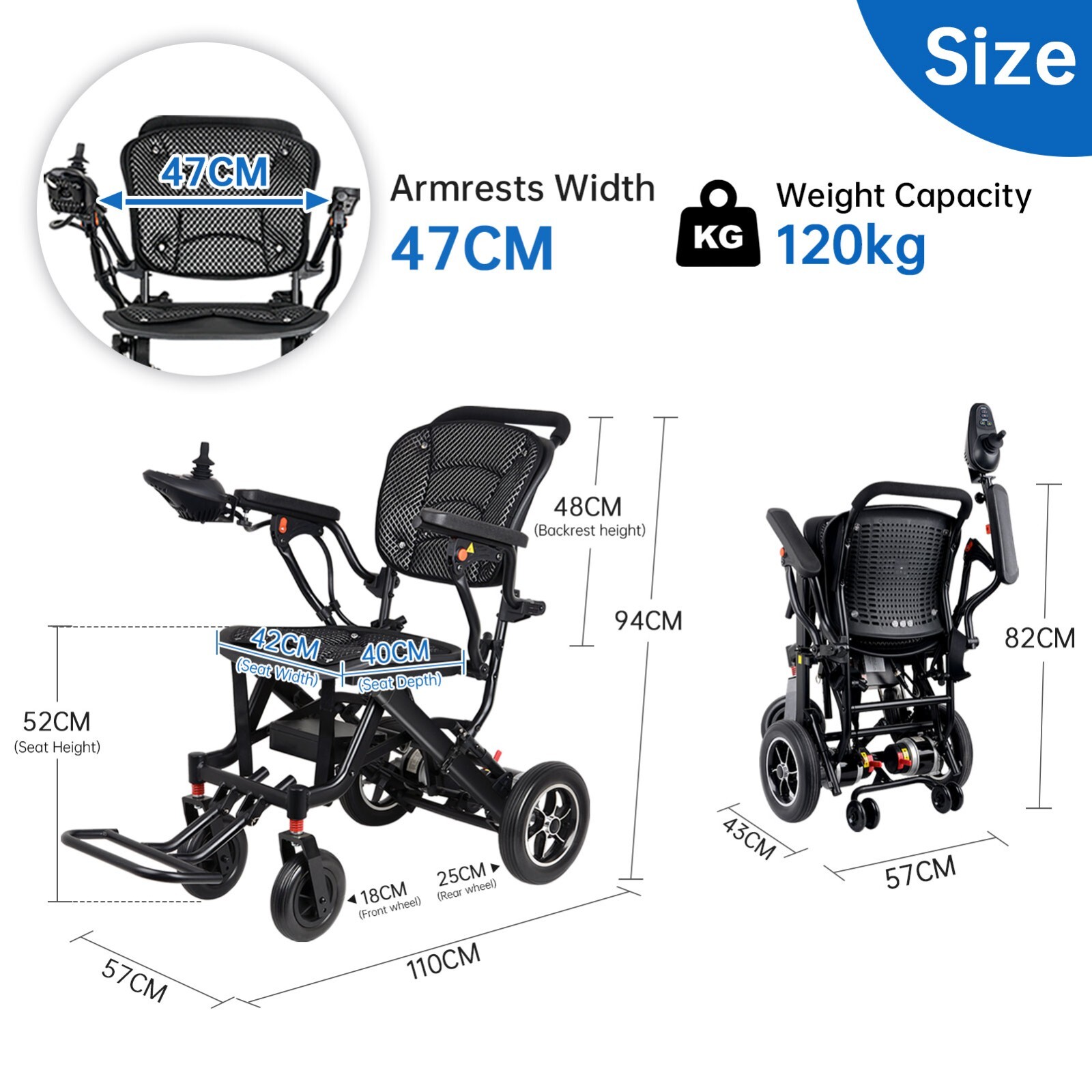18.5in wide cabin,300lb weight capacity,aviation aluminum alloy power wheelchair