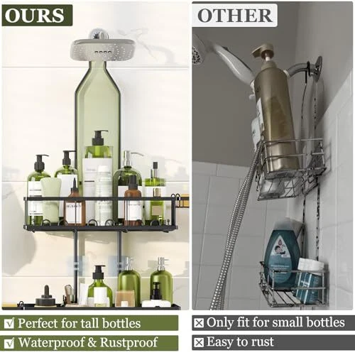 Shower Caddy Hanging: Adjustable Height No Blocking to Shower Head - Black