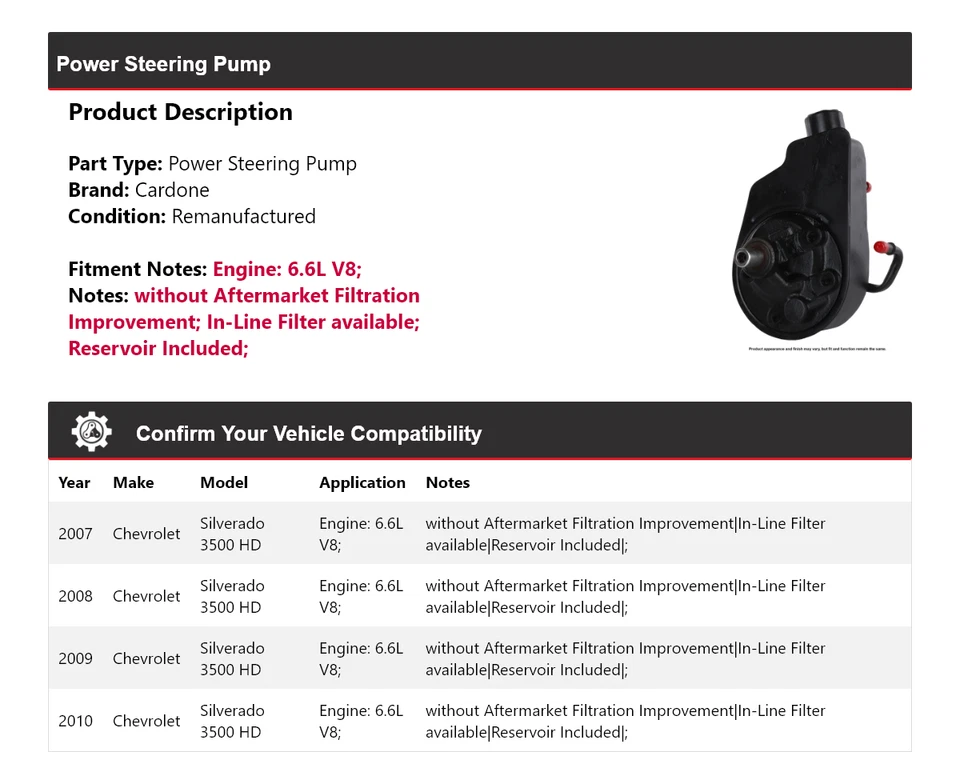 Насос гидроусилителя руля Cardone для Chevrolet Silverado 3500 HD 6,6 л V8 2007-2010 годов выпуска - Изображение 2 из 4