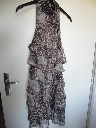 ROBE DÉBARDEUR EN VOILE À VOLANTS MOTIFS LÉOPARD&PERLES COMME NEUVE TAILLE 38