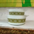 Vintage Pyrex 474 and 475 Cinderella Nesting Bowls, Verde Stamp Program Version