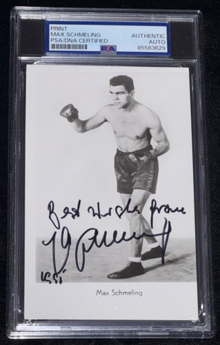 Max Schmeling "Boxing HOF & Legend" Signed Postcard Rookie Card Auto PSA