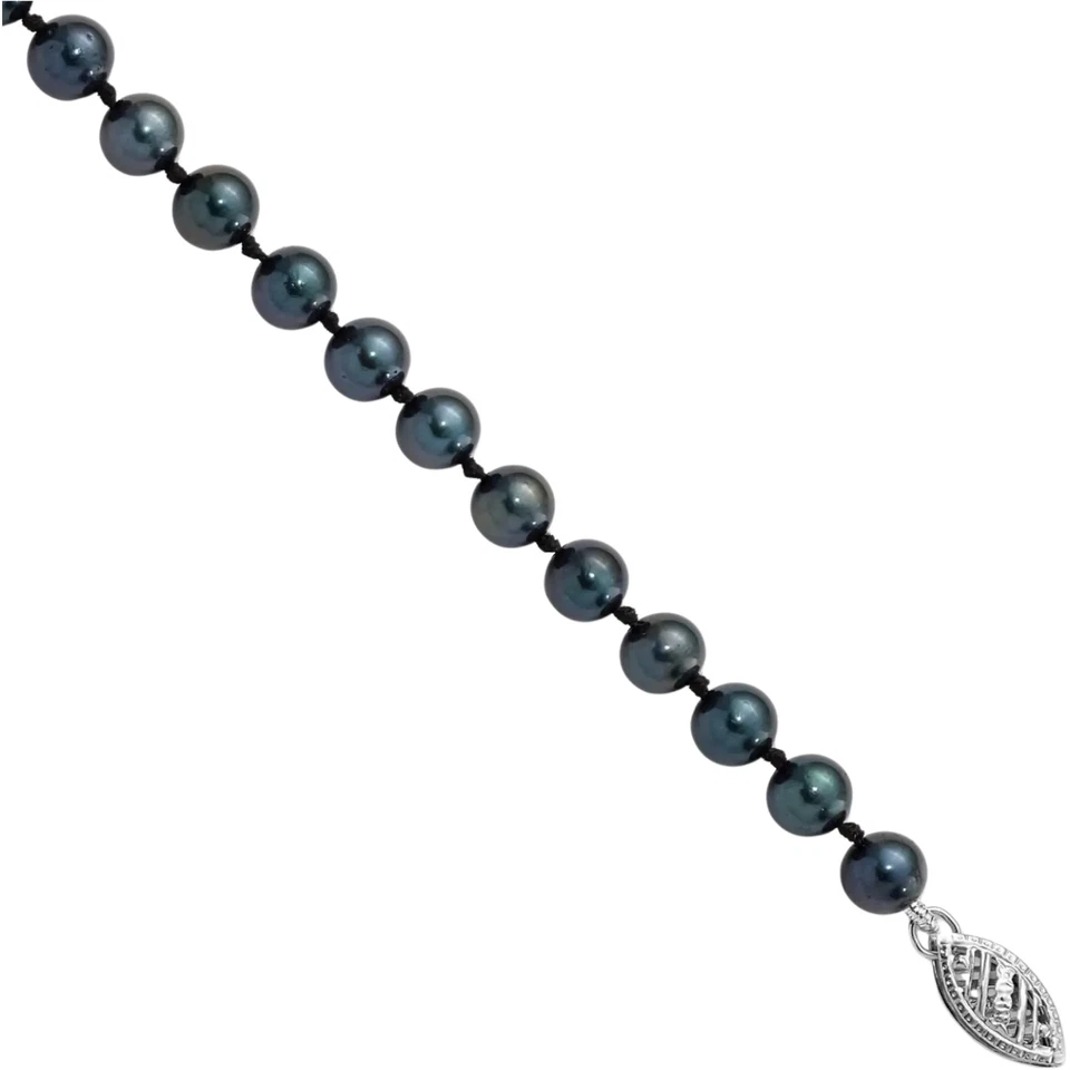 Cadena de perlas cultivadas de agua salada redonda negra de 5 mm de oro blanco macizo de 14K... Foto 3 de 4