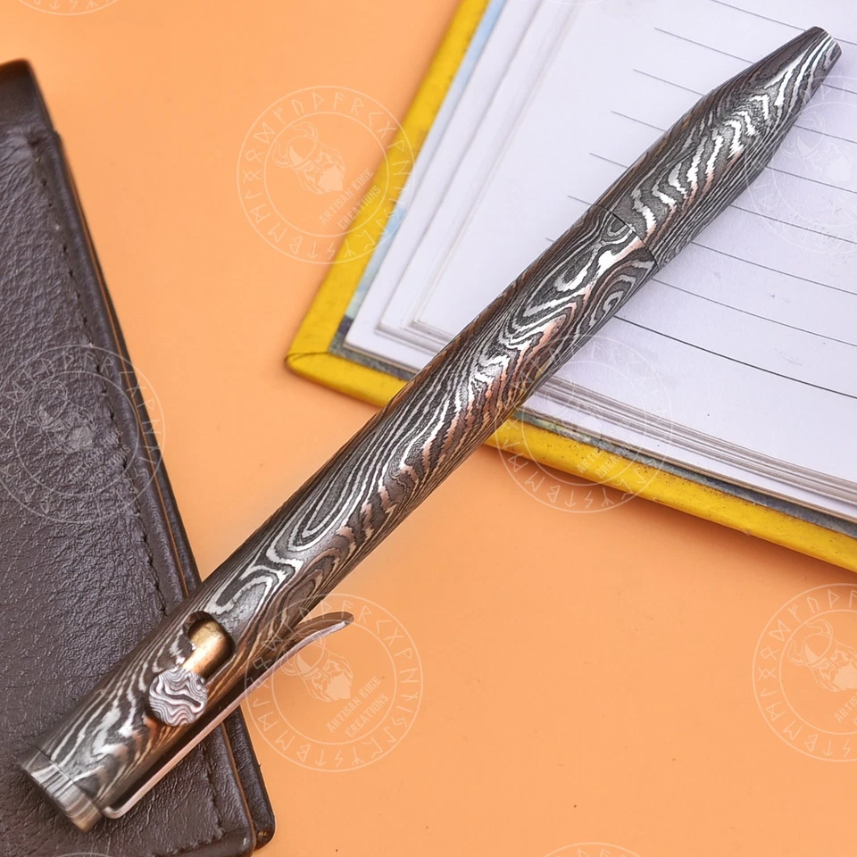 Bolígrafo de lujo hecho a mano de acero Damasco, bolígrafo Damasco con caja de madera Foto 4 de 4