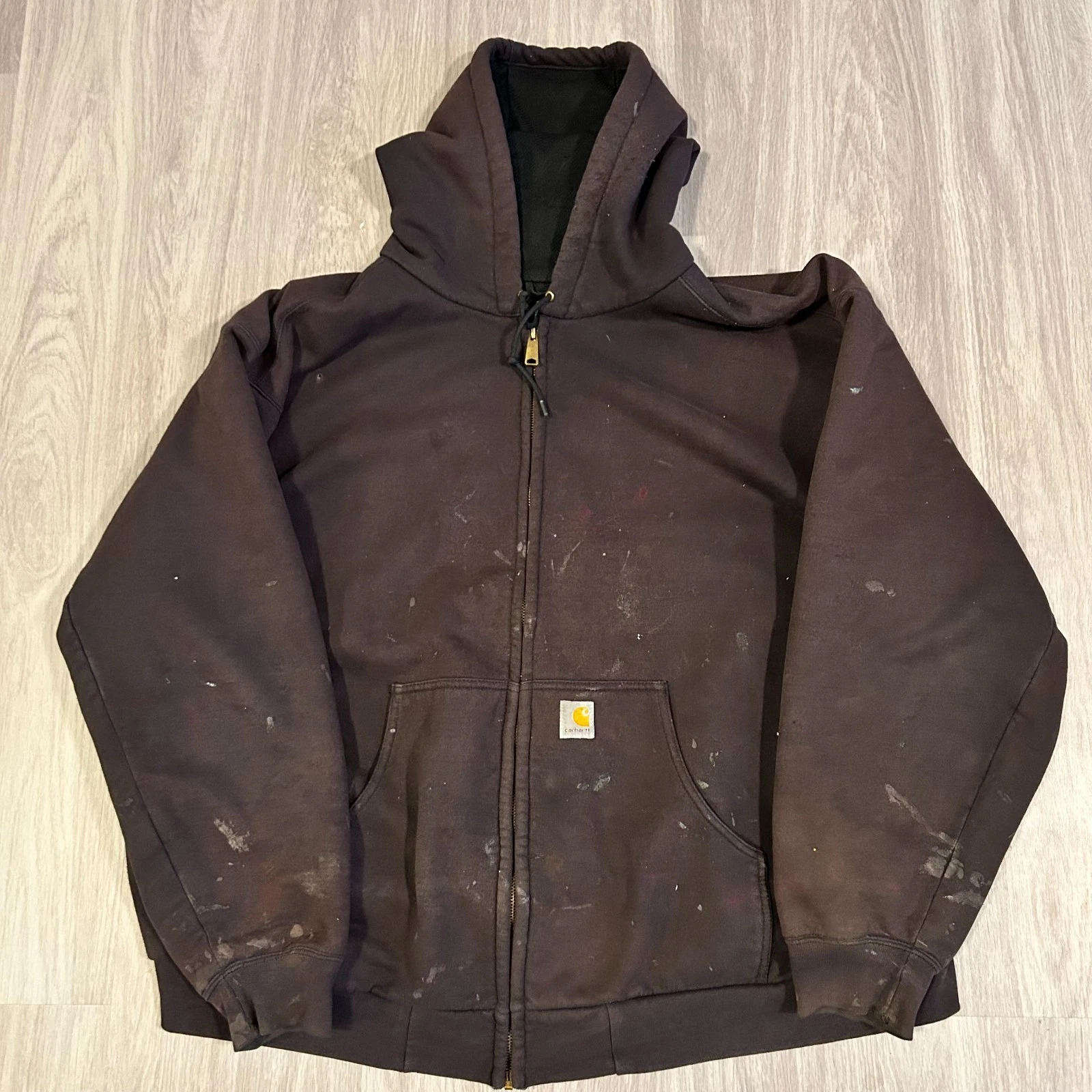 Carhartt Mens distressed thermal lined zip up Brown hoodie 2XL