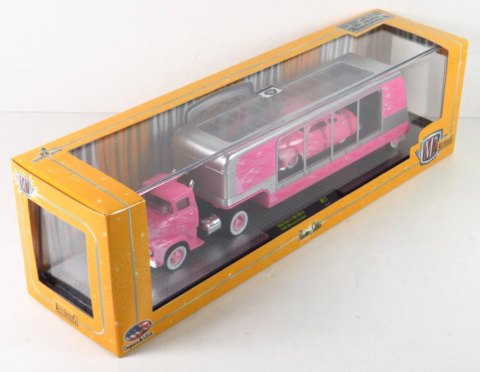 M2 Machines Auto Haulers 1956 Ford C-500 COE & 1949 Mercury Semi R17 Pink 15-17 - Image 3 of 4