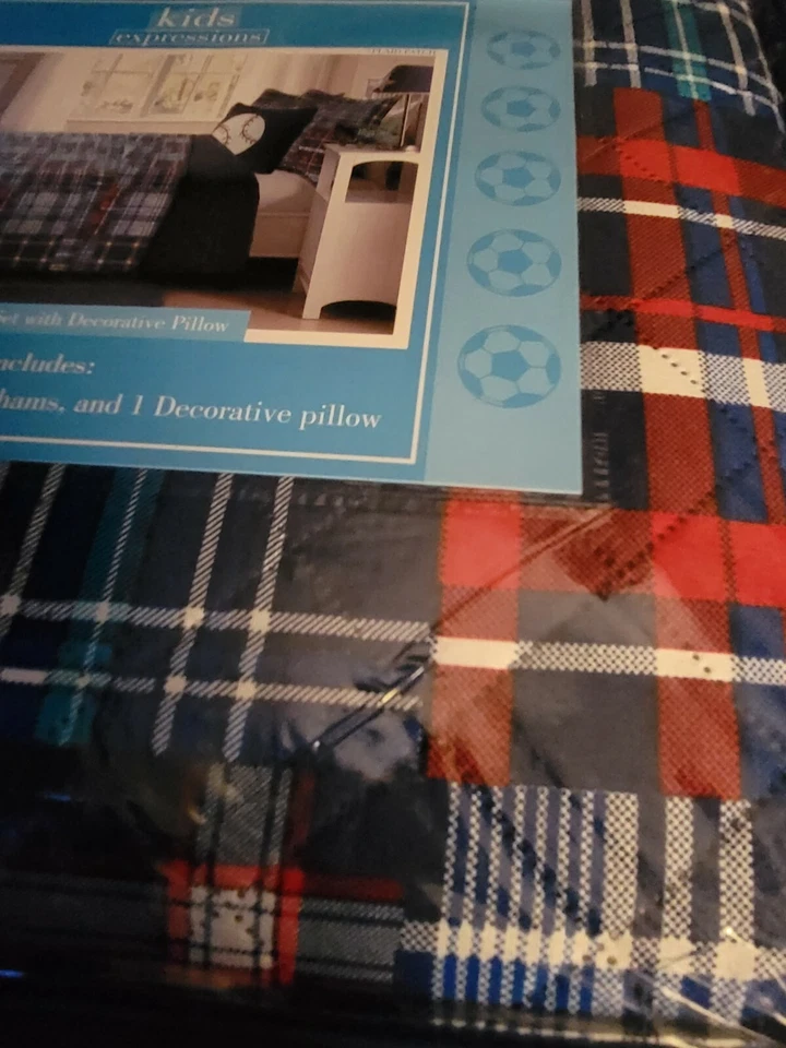 Kids Expressions Twin Plaid Quilt Boys quilt set madras plaid soccer ball  - Image 2 of 2