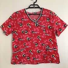 Red Sakura Geisha Girl Print Nurse Medical Dental Scrub Top Uniform - Medium
