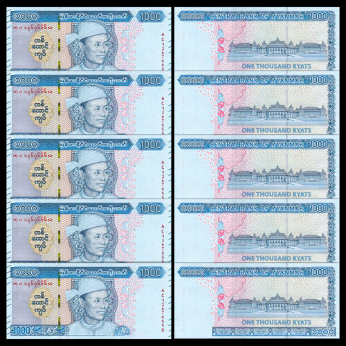 Lot 5 PCS,  Myanmar 1000 Kyats, 2020, P-New1000, Banknotes, UNC