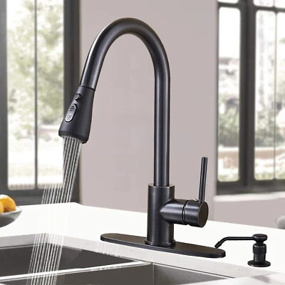 TOPSHOWER Pull Down Sprayer Kitchen Faucet with 10''Deck Plate &Soap Dispenser Matte Black
