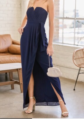 Lulus Easy Elegance Navy Blue Pleated Strapless Maxi Dress NWT $88 Sz  Medium