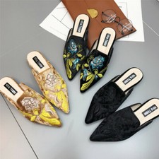 Womens Embroidery Floral Pointed Toe Mules Flats Slippers Slip On Slides Shoes