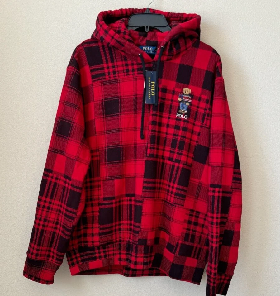 Polo Ralph Lauren Polo Bear Embroidered Plaid Pile Fleece Hoodie M, L, XL