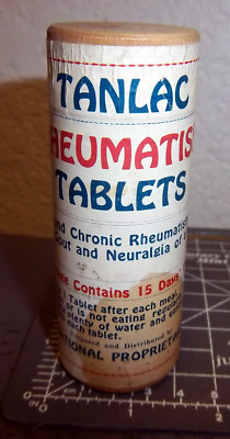 vintage Tanlac Rheumatism tablets unopened wood container, paper label, full