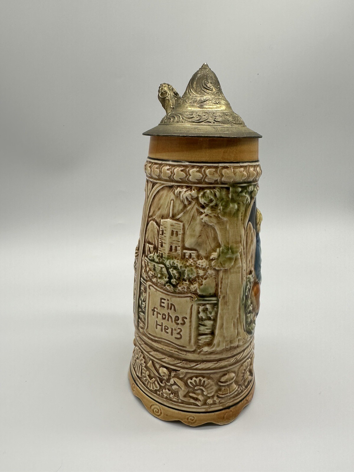 Vintage Original Hand Painted Embossed Beer Stein Music Box Marked