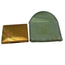 1950's Vintage Elgin American Square Gold Tone Floral Compact Makeup Powder Case