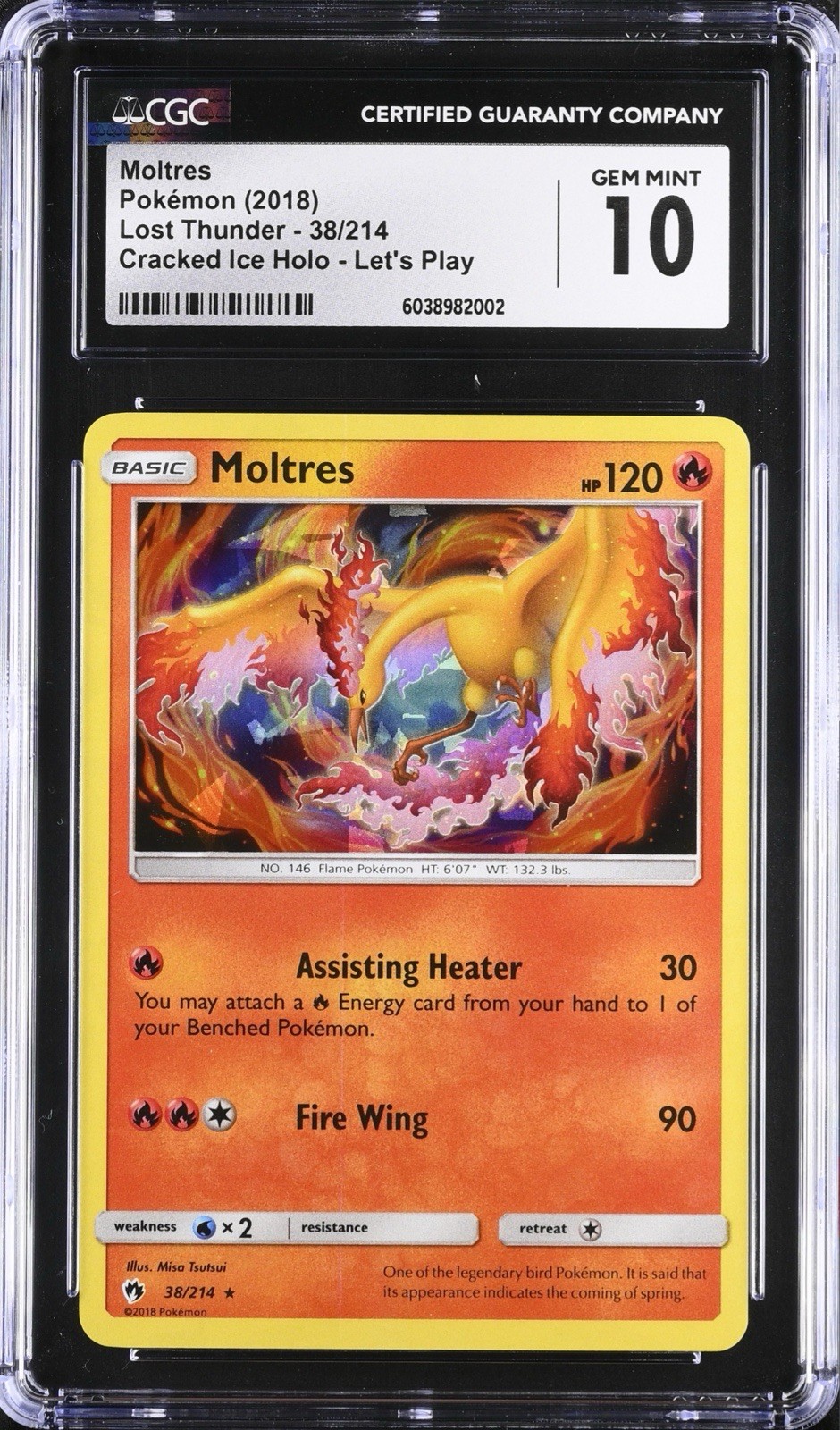 CGC 10 GEM MINT Moltres 38/214 Lost Thunder Cracked Ice Holo Let’s Play Pokemon