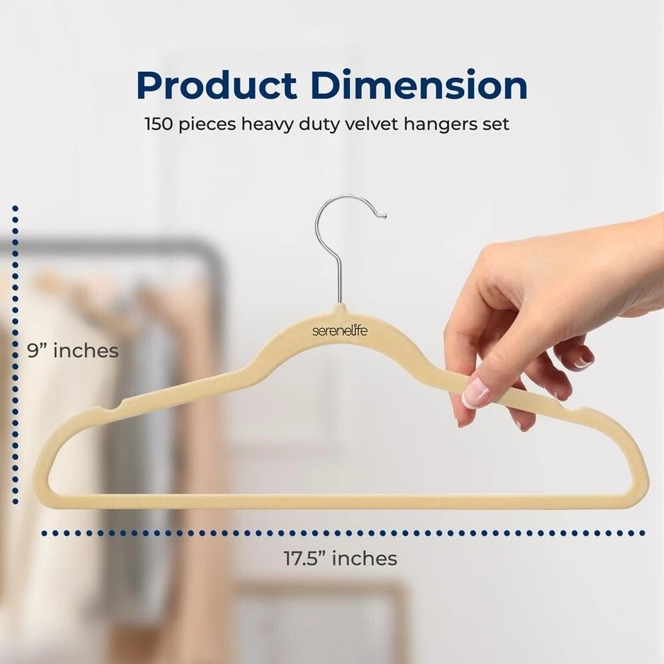 SereneLife 50 Pcs Velvet Hangers - Non-Slip, Sturdy w/ 360° Swivel Hook (Ivory) - Image 2 of 4