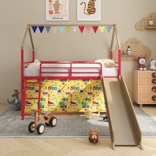 Jack Metal Junior House Twin Loft Bed w/Slide & Curtain Set and Pennant Banner