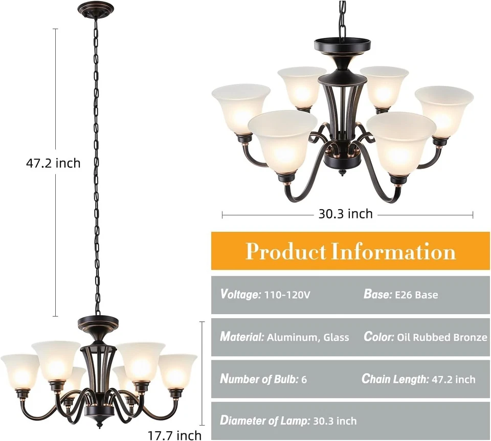 Lámparas de araña de 6 luces de granja con vidrio esmerilado, rústicas vintage47,2 ajustables Foto 3 de 4